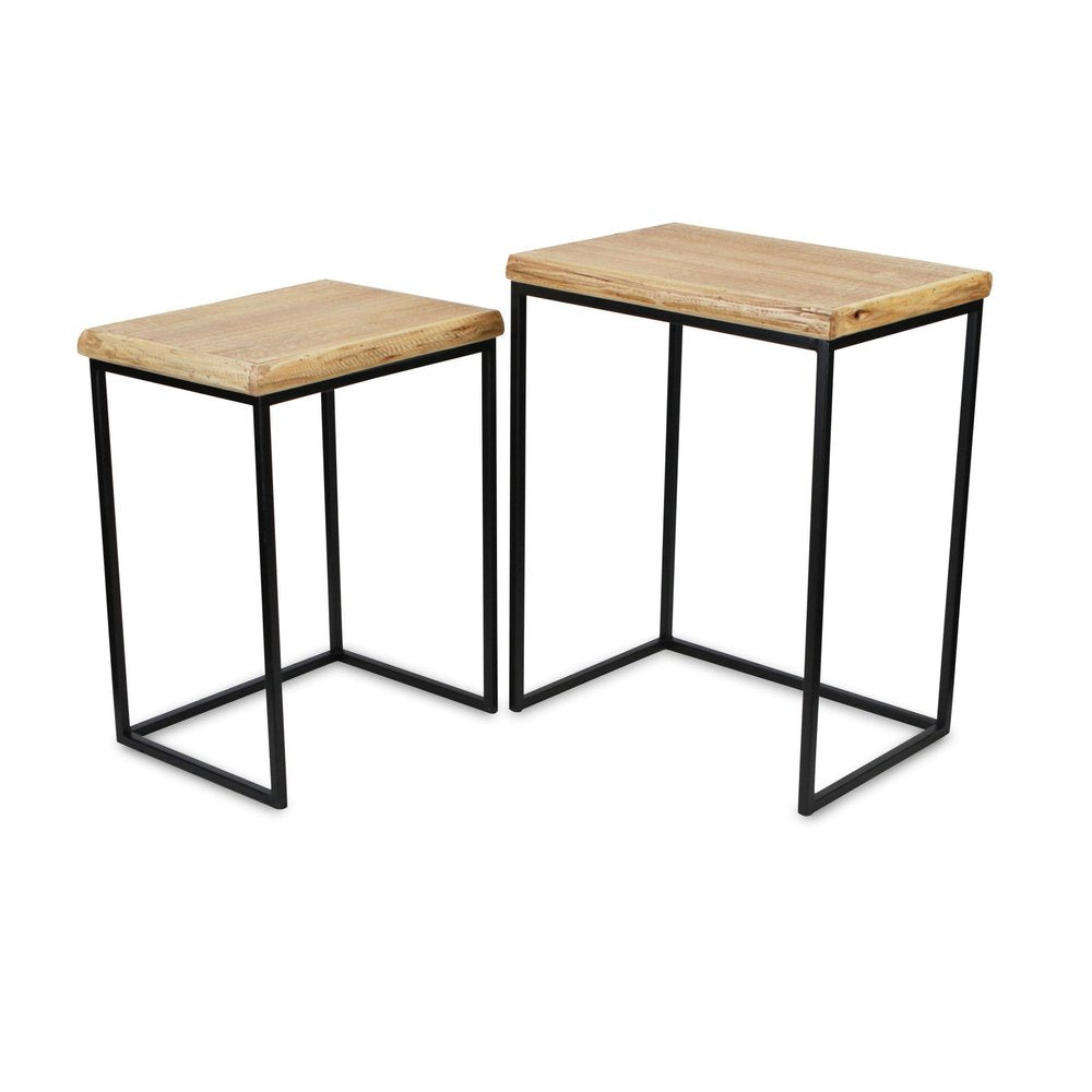 Set of Two 25" Black And Brown Solid Wood Nested Tables - 24.75" H x 19.75" W x 13.75" D on a white background