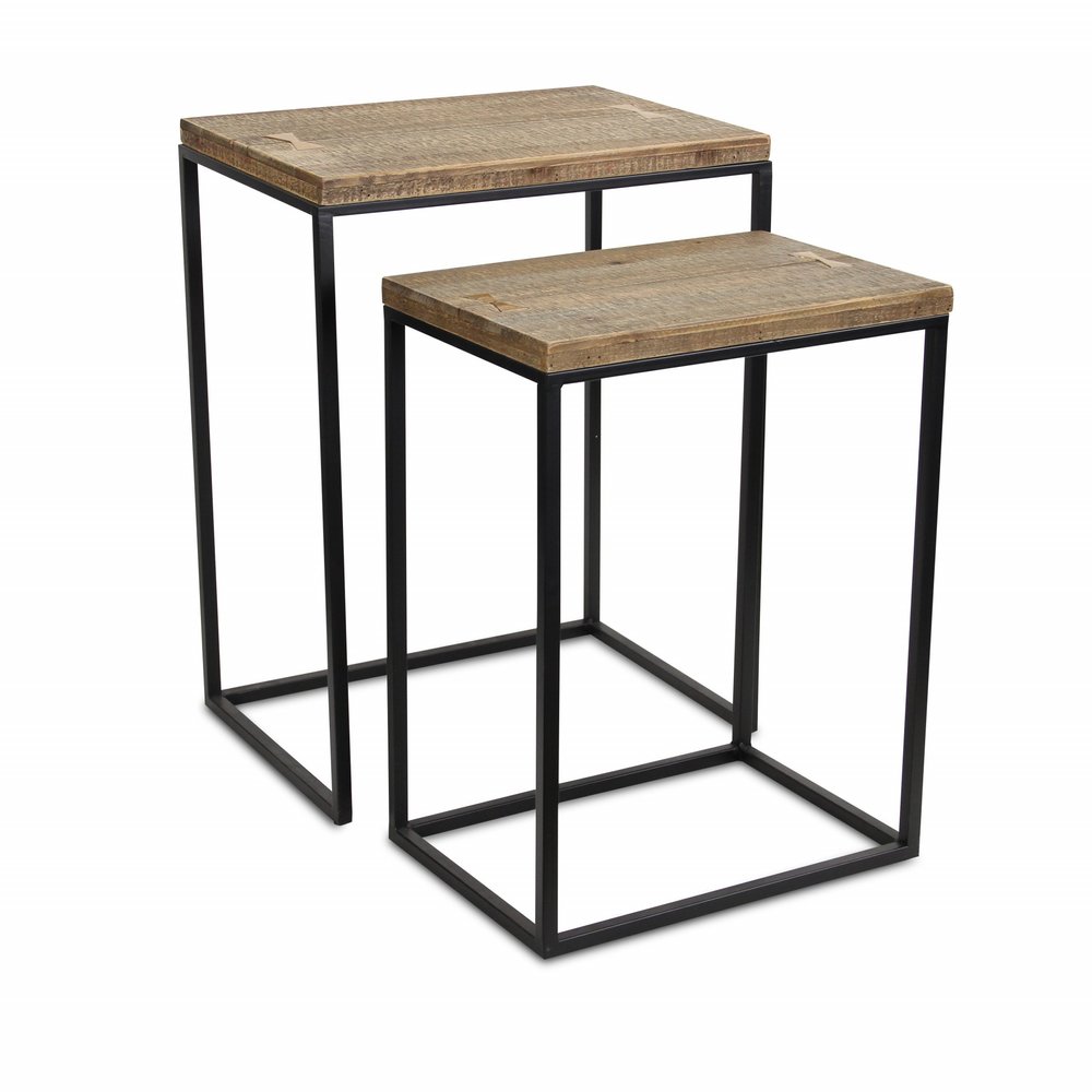 Set of Two 24" Black And Brown Solid Wood Nested Tables on a white background