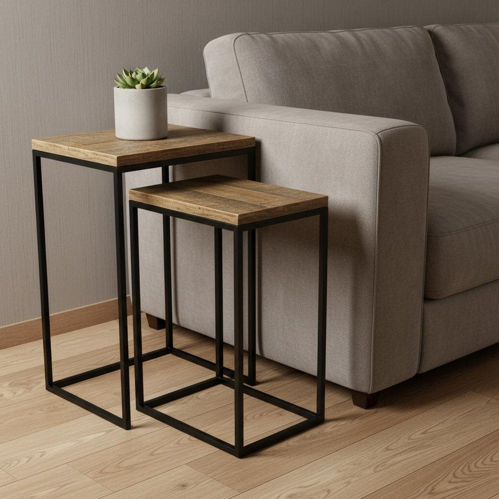 Set of Two 24" Black And Brown Solid Wood Nested Tables in a home interior