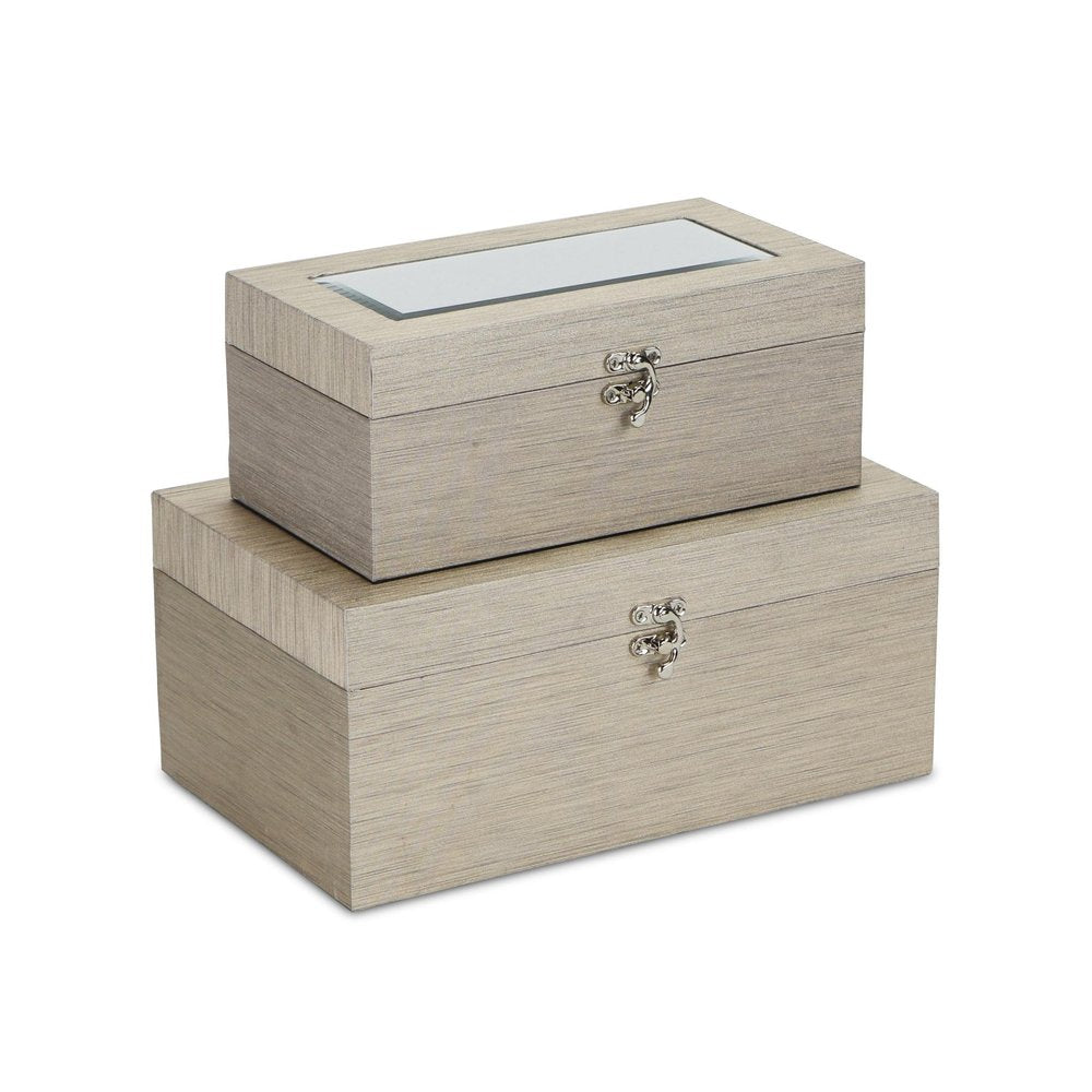 Set of Two Rose Gold Nesting Wood And Mirrored Glass Organizing Box With Lid