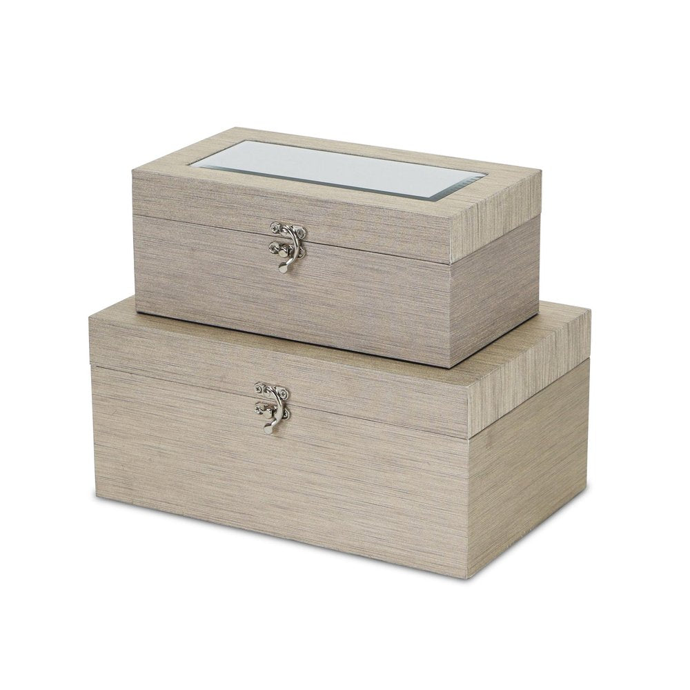 Set of Two Rose Gold Nesting Wood And Mirrored Glass Organizing Box With Lid