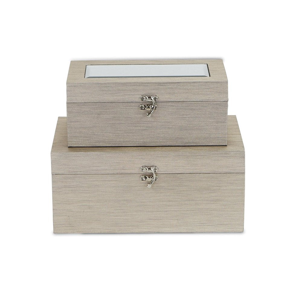 Set of Two Rose Gold Nesting Wood And Mirrored Glass Organizing Box With Lid
