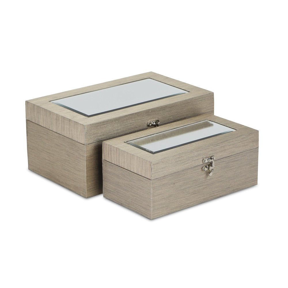 Set of Two Rose Gold Nesting Wood And Mirrored Glass Organizing Box With Lid