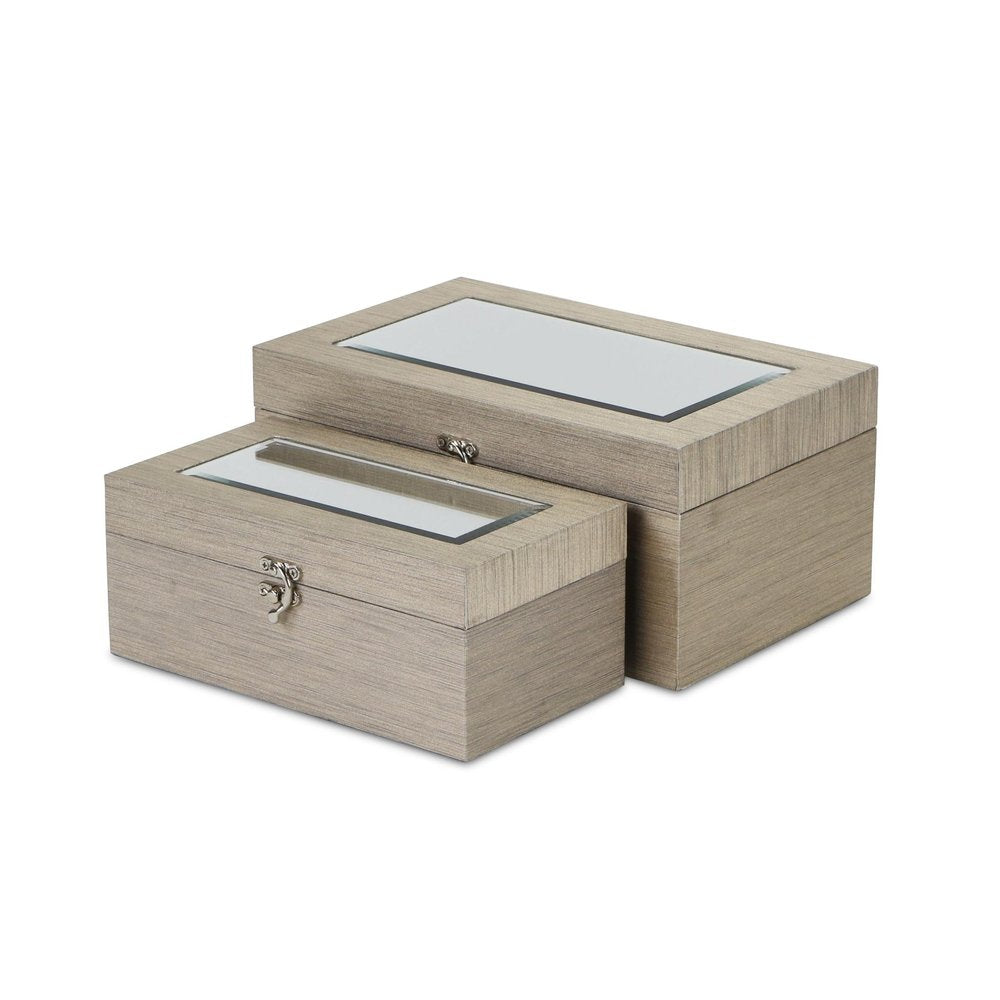 Set of Two Rose Gold Nesting Wood And Mirrored Glass Organizing Box With Lid