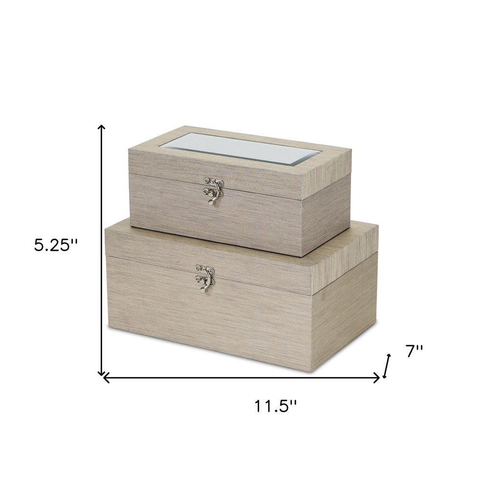 Set of Two Rose Gold Nesting Wood And Mirrored Glass Organizing Box With Lid