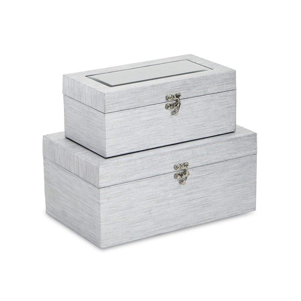 Set of Two Silver Nesting Wood And Mirrored Glass Organizing Box With Lid