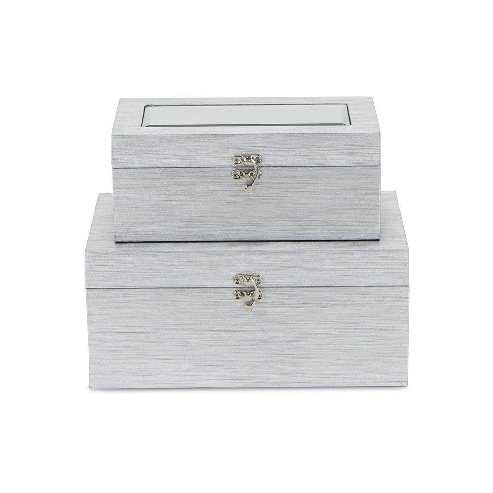Set of Two Silver Nesting Wood And Mirrored Glass Organizing Box With Lid