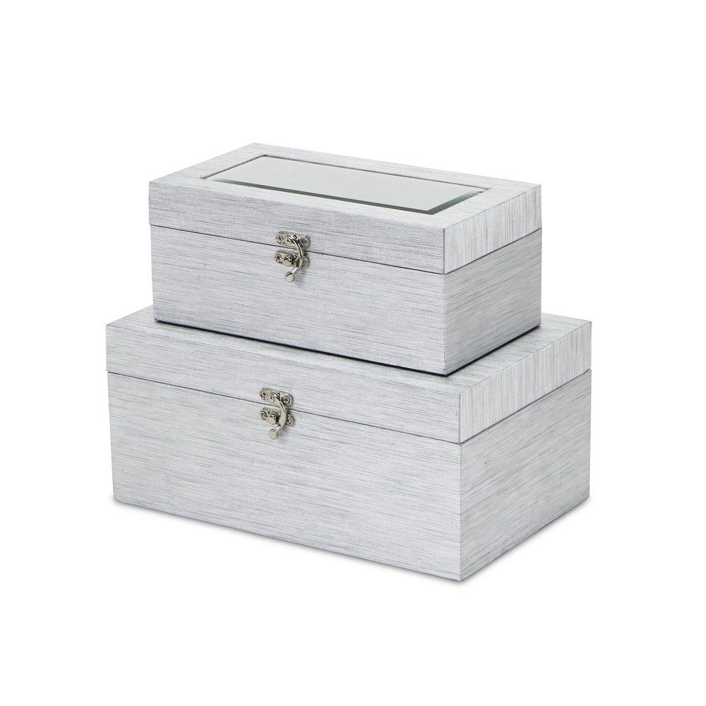 Set of Two Silver Nesting Wood And Mirrored Glass Organizing Box With Lid