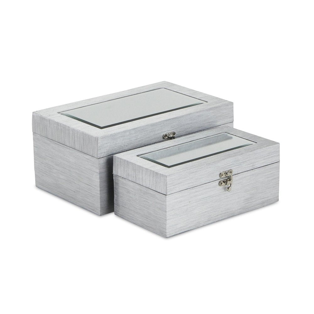 Set of Two Silver Nesting Wood And Mirrored Glass Organizing Box With Lid