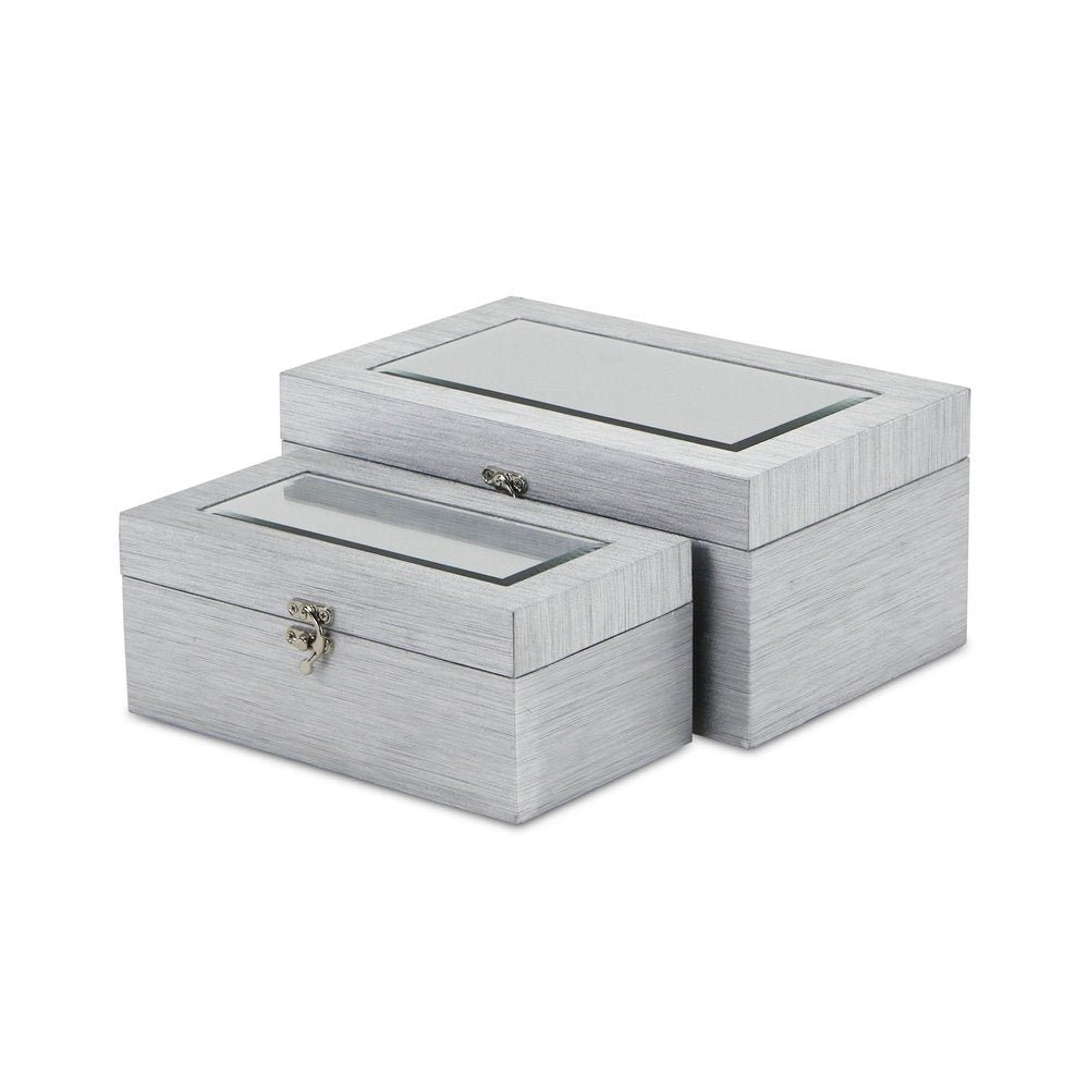Set of Two Silver Nesting Wood And Mirrored Glass Organizing Box With Lid