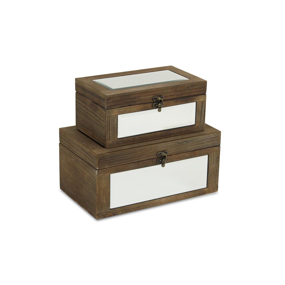 Set of Two Natural And White Nesting Wood And Mirrored Glass Organizing Box With Lid