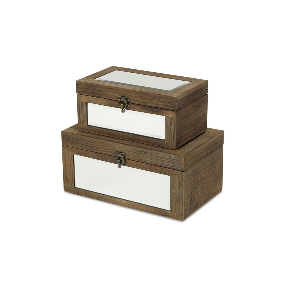 Set of Two Natural And White Nesting Wood And Mirrored Glass Organizing Box With Lid