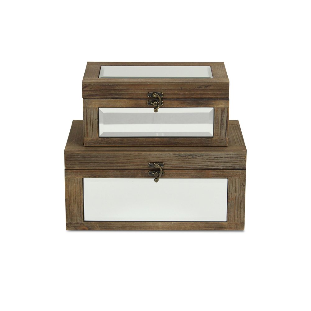 Set of Two Natural And White Nesting Wood And Mirrored Glass Organizing Box With Lid