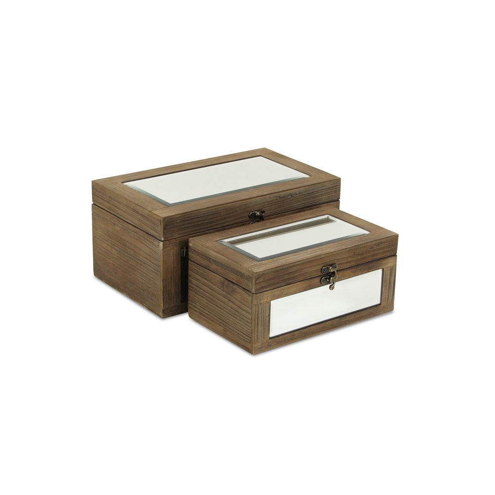 Set of Two Natural And White Nesting Wood And Mirrored Glass Organizing Box With Lid