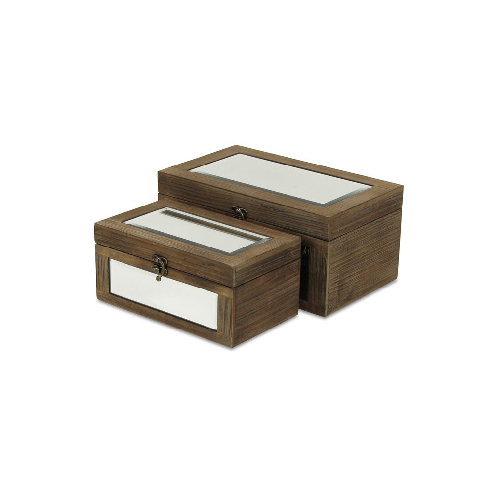 Set of Two Natural And White Nesting Wood And Mirrored Glass Organizing Box With Lid