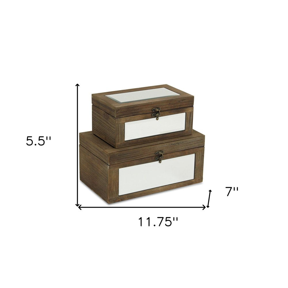 Set of Two Natural And White Nesting Wood And Mirrored Glass Organizing Box With Lid