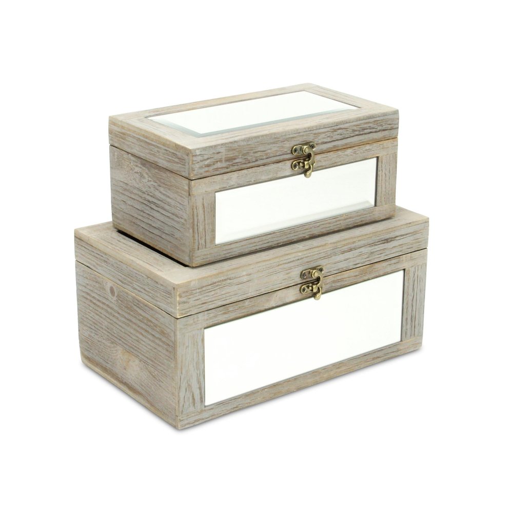 Set of Two Gray And White Nesting Mirrored Glass And Wood Organizing Box With Lid
