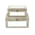 Set of Two Gray And White Nesting Mirrored Glass And Wood Organizing Box With Lid