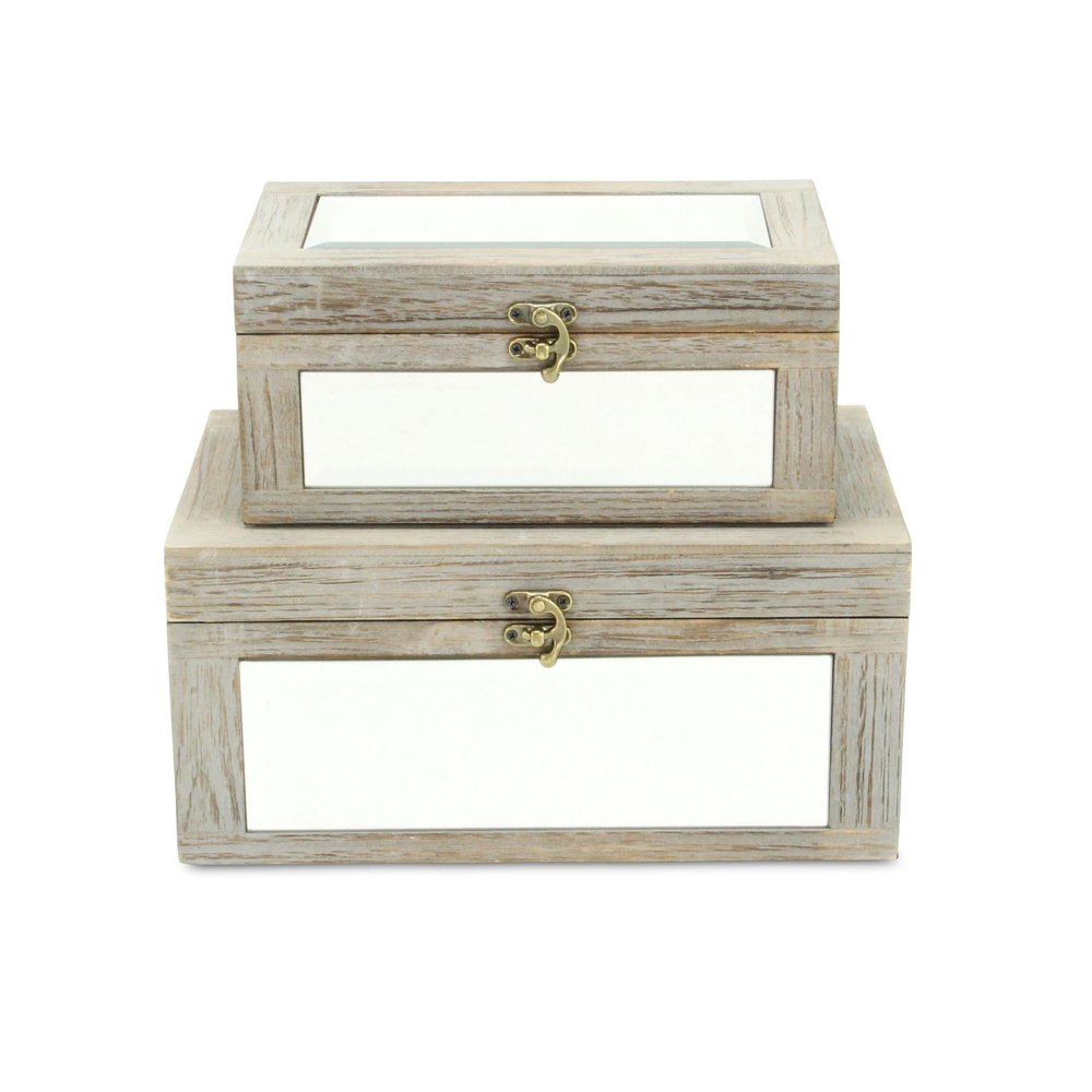 Set of Two Gray And White Nesting Mirrored Glass And Wood Organizing Box With Lid