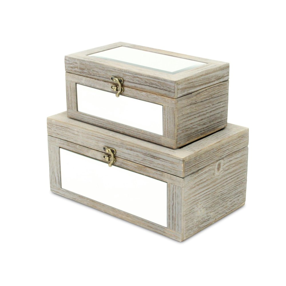 Set of Two Gray And White Nesting Mirrored Glass And Wood Organizing Box With Lid