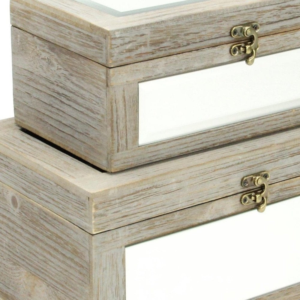 Set of Two Gray And White Nesting Mirrored Glass And Wood Organizing Box With Lid