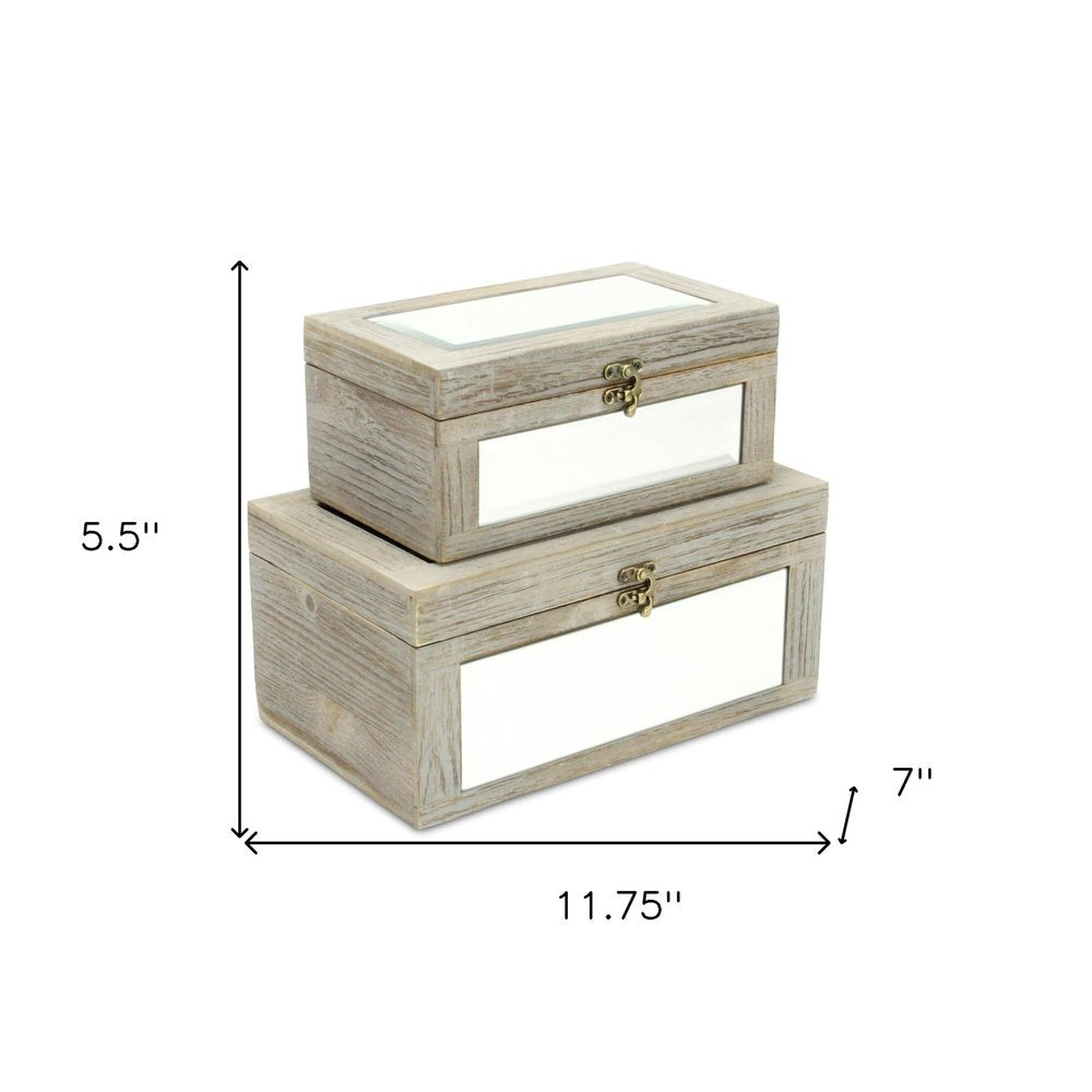 Set of Two Gray And White Nesting Mirrored Glass And Wood Organizing Box With Lid