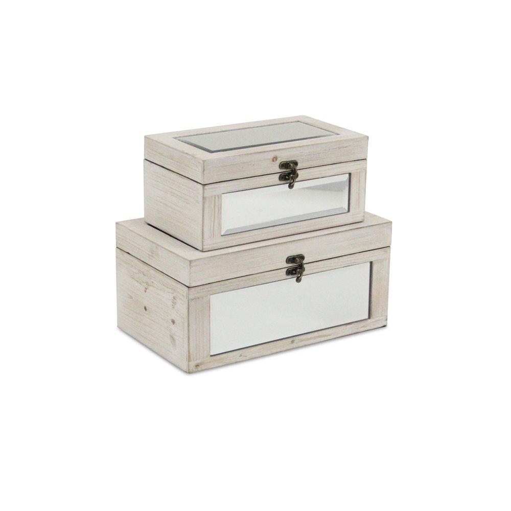 Set of Two White Nesting Wood And Mirrored Glass Organizing Box With Lid