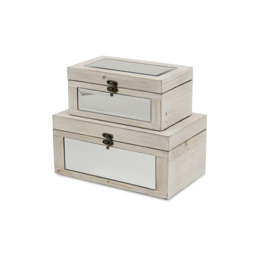 Set of Two White Nesting Wood And Mirrored Glass Organizing Box With Lid
