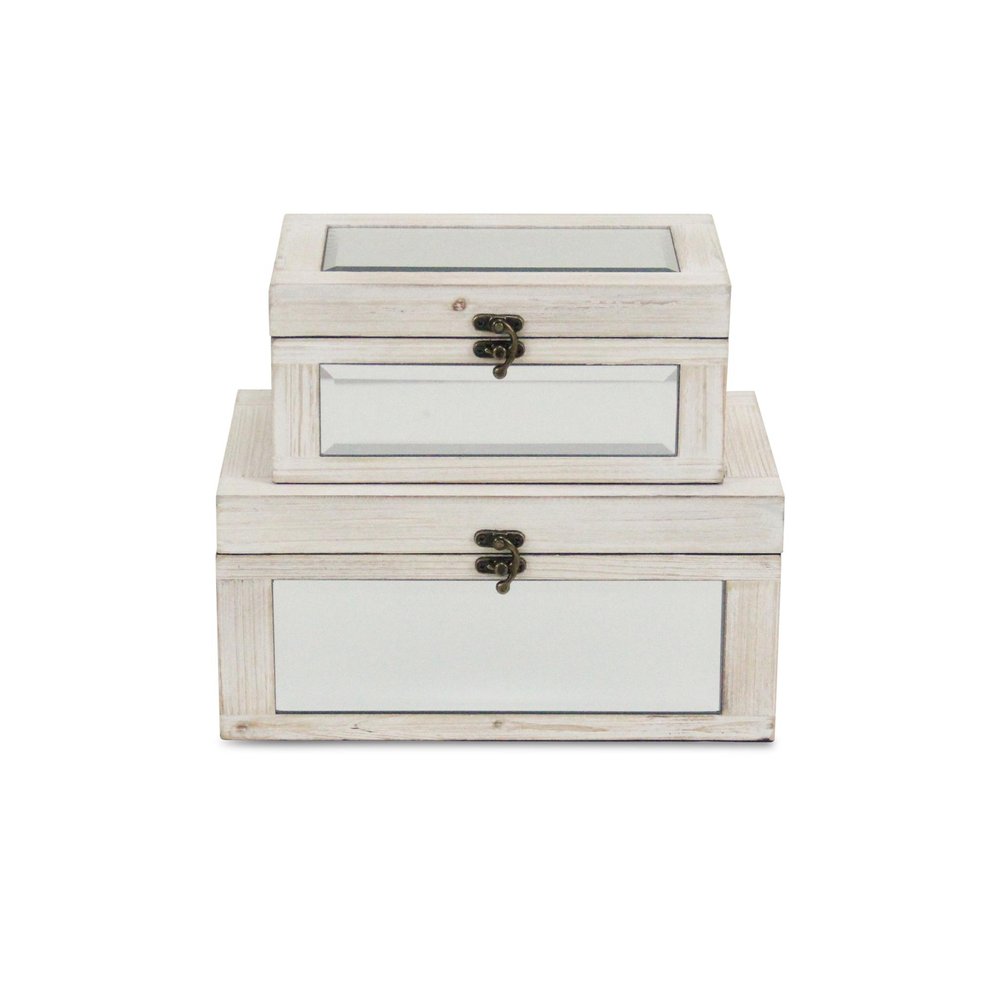 Set of Two White Nesting Wood And Mirrored Glass Organizing Box With Lid