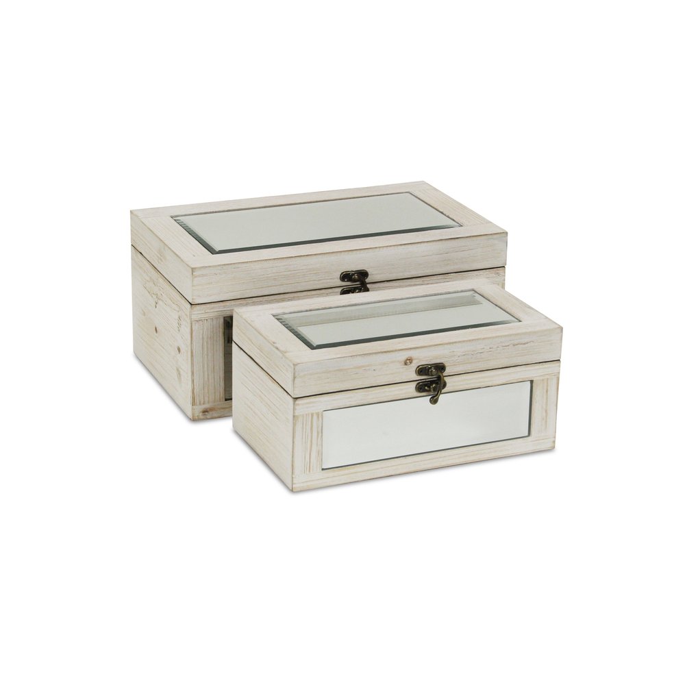 Set of Two White Nesting Wood And Mirrored Glass Organizing Box With Lid