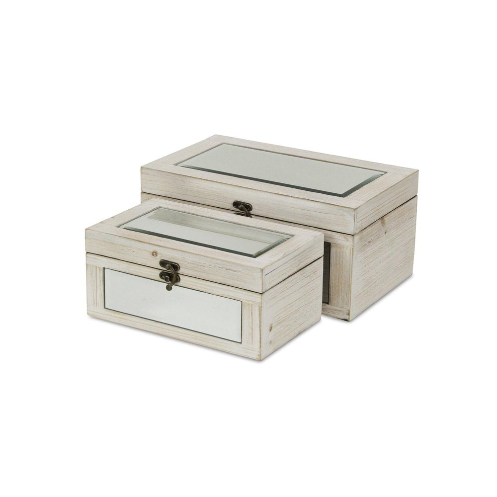 Set of Two White Nesting Wood And Mirrored Glass Organizing Box With Lid