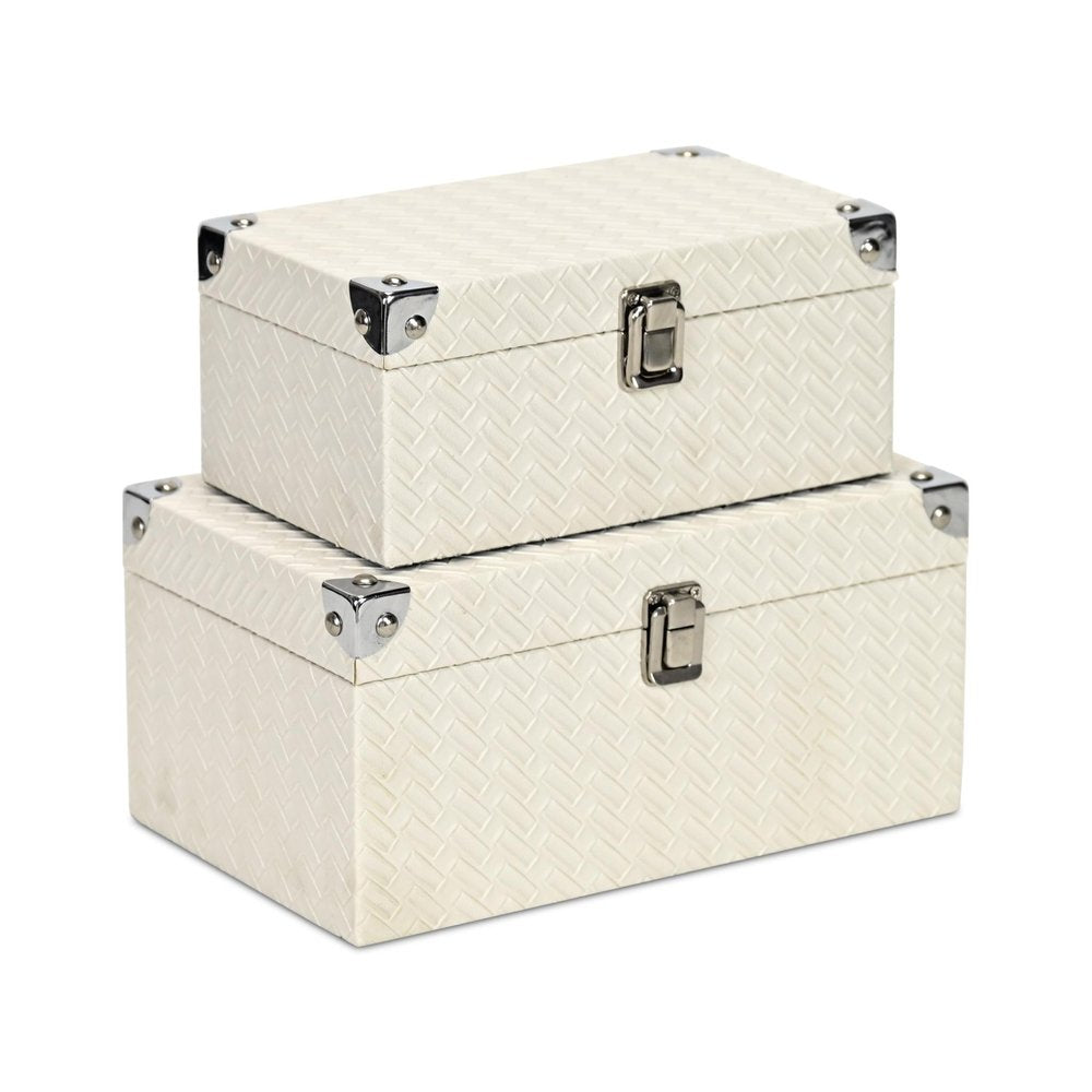 Set of Two White Nesting Metal And Solid Wood Organizing Box With Lid
