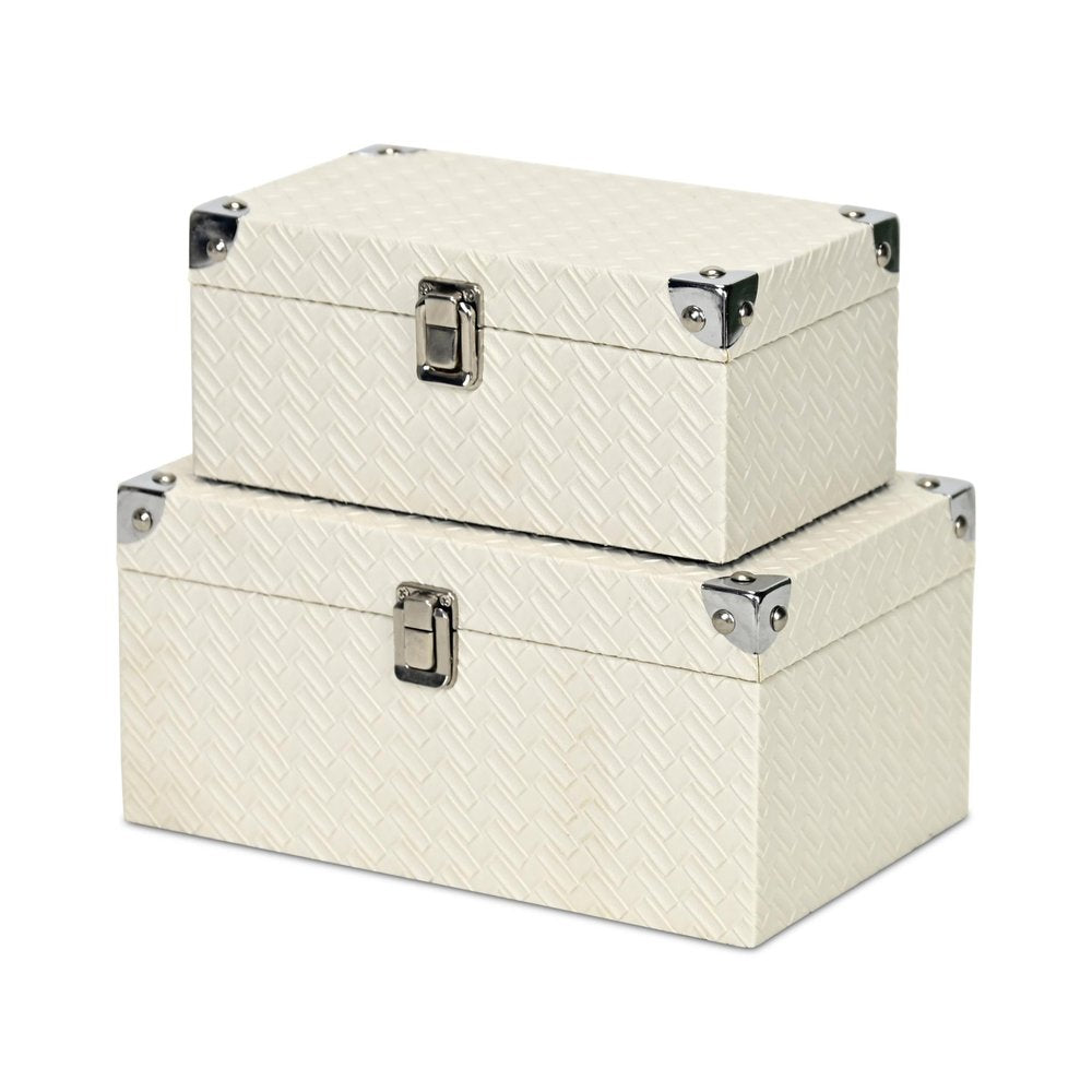 Set of Two White Nesting Metal And Solid Wood Organizing Box With Lid