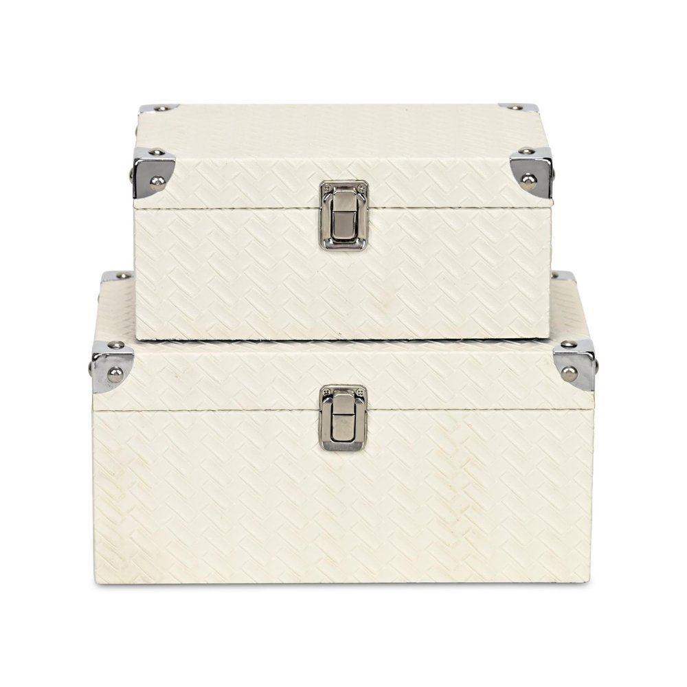 Set of Two White Nesting Metal And Solid Wood Organizing Box With Lid