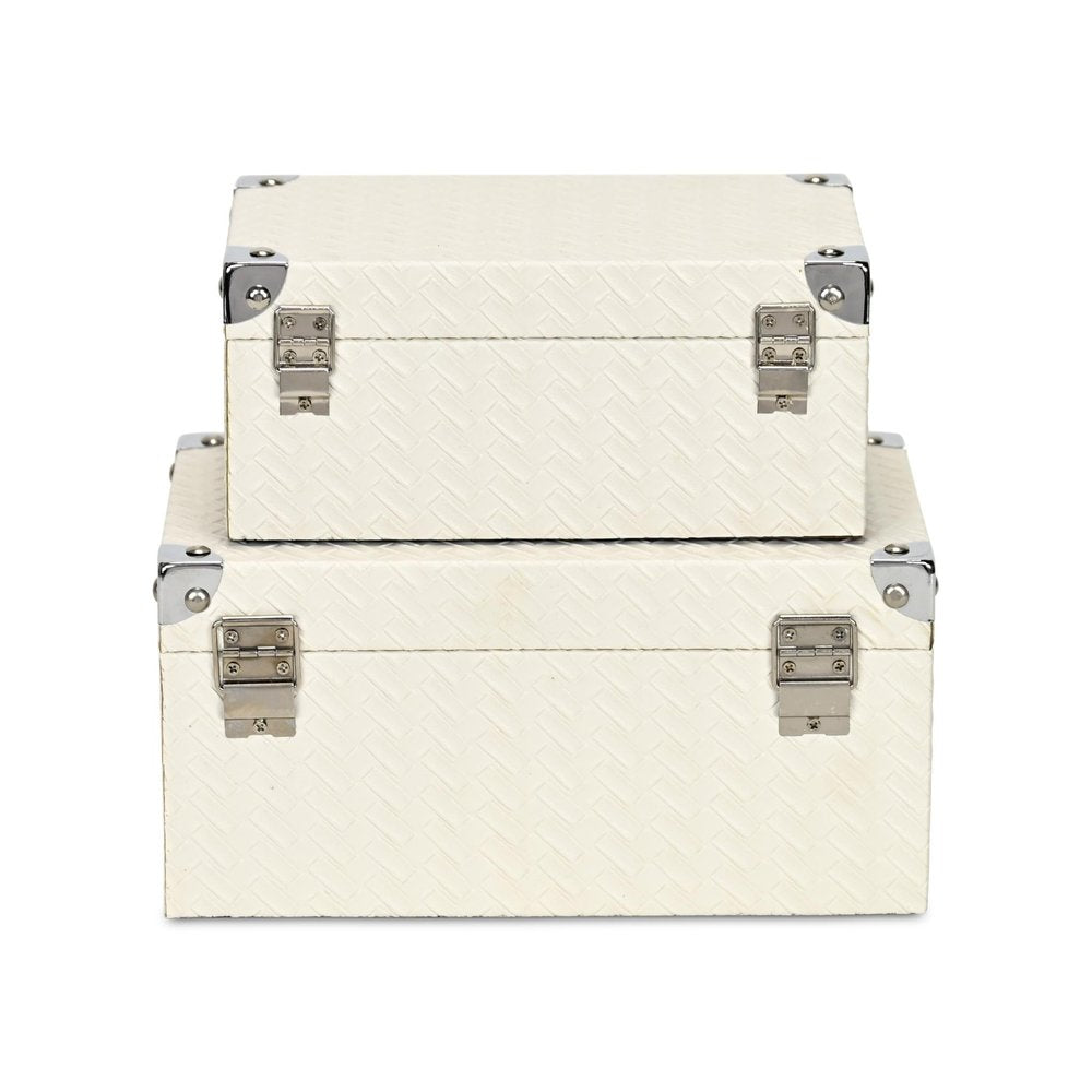 Set of Two White Nesting Metal And Solid Wood Organizing Box With Lid