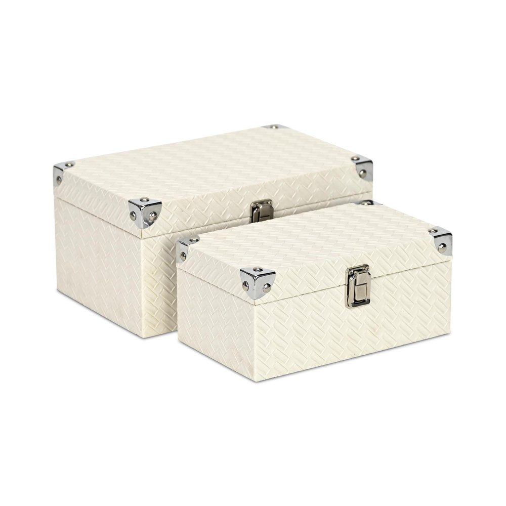 Set of Two White Nesting Metal And Solid Wood Organizing Box With Lid