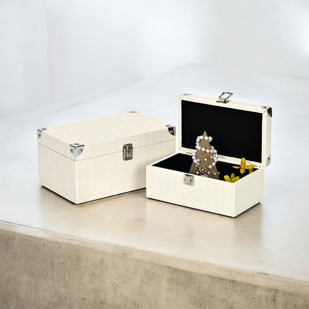 Set of Two White Nesting Metal And Solid Wood Organizing Box With Lid
