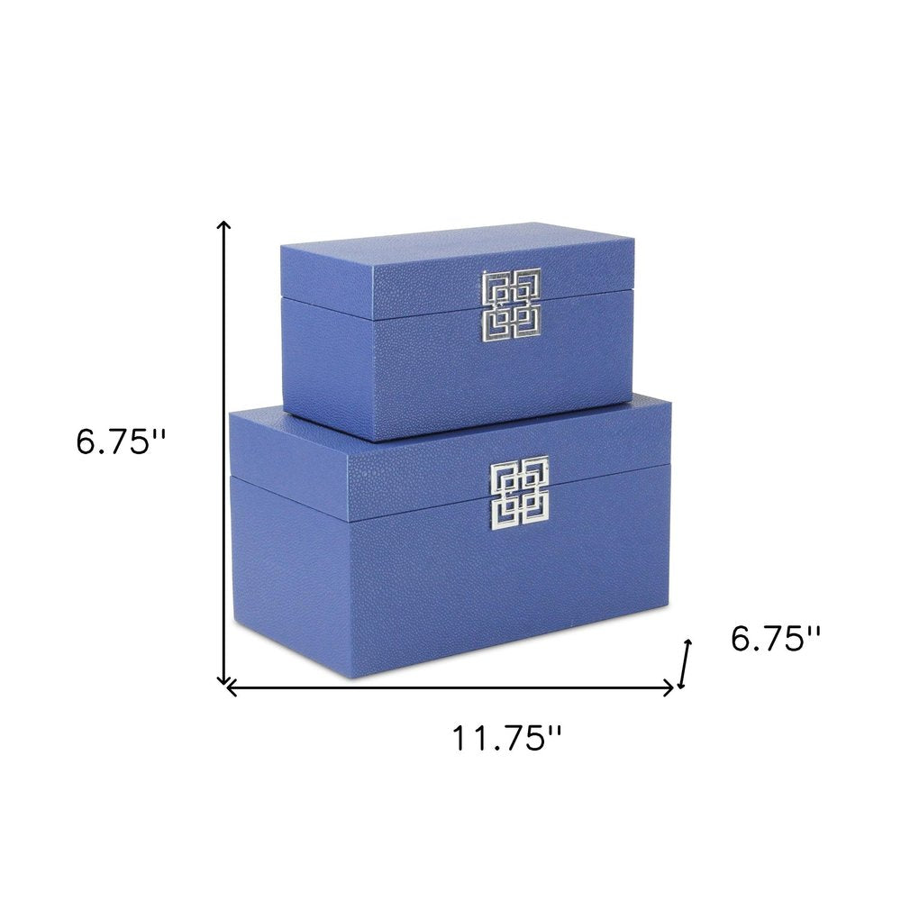 Set of Two Navy Blue Nesting Wood And Shagreen Organizing Box With Lid