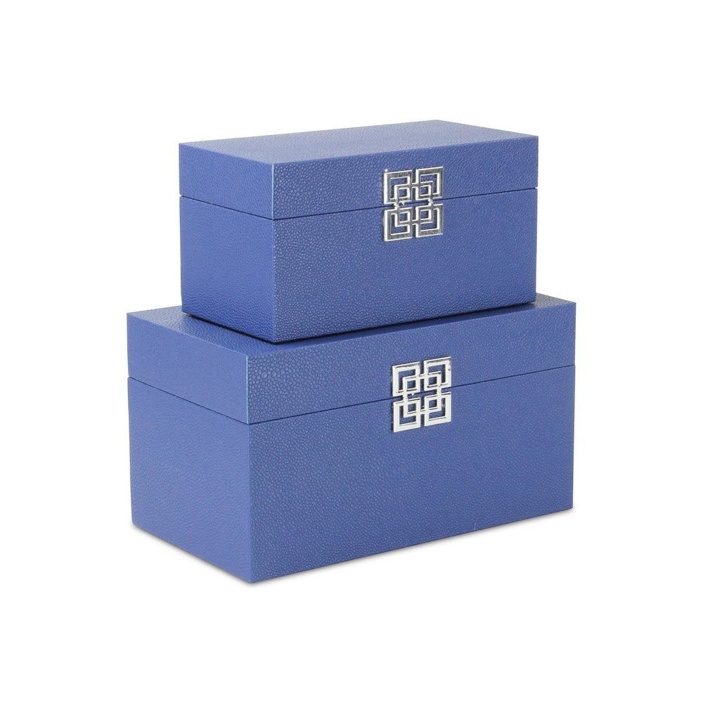 Set of Two Navy Blue Nesting Wood And Shagreen Organizing Box With Lid