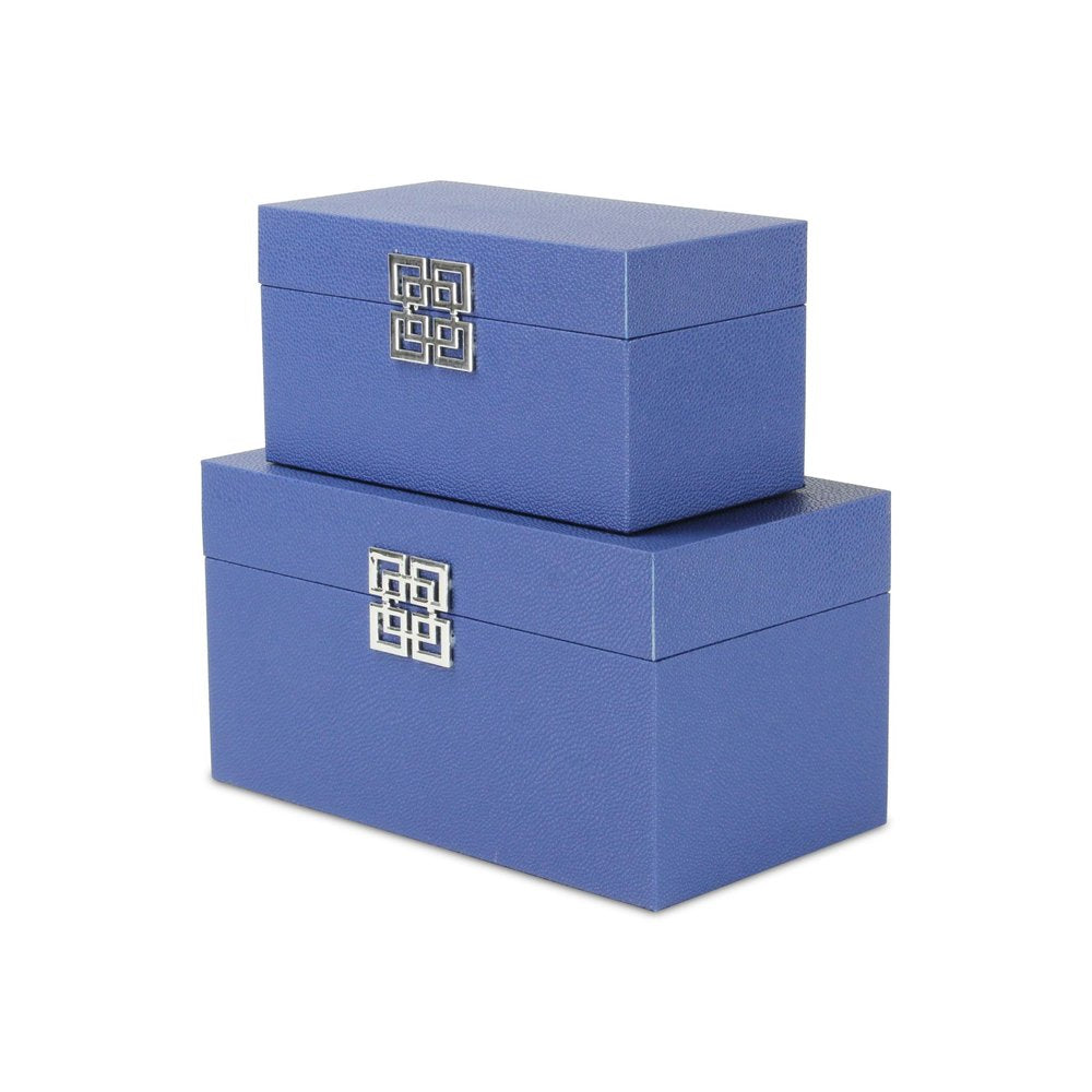 Set of Two Navy Blue Nesting Wood And Shagreen Organizing Box With Lid
