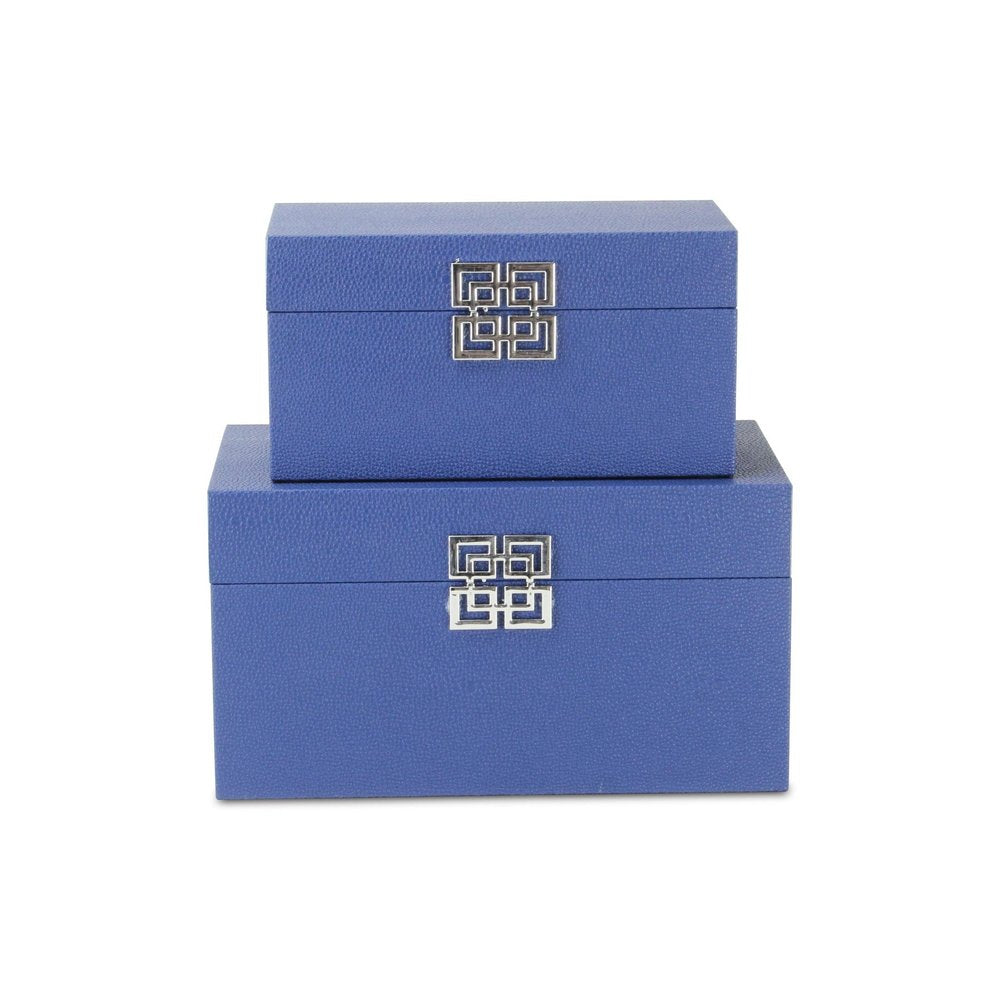 Set of Two Navy Blue Nesting Wood And Shagreen Organizing Box With Lid