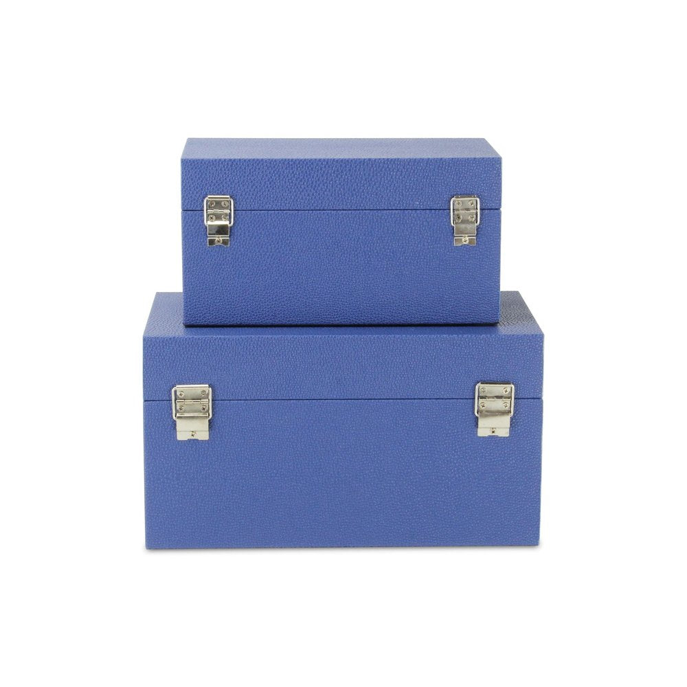 Set of Two Navy Blue Nesting Wood And Shagreen Organizing Box With Lid