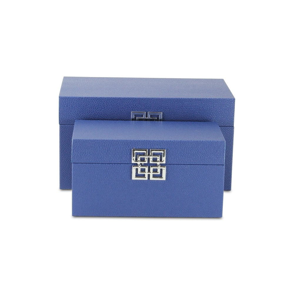 Set of Two Navy Blue Nesting Wood And Shagreen Organizing Box With Lid