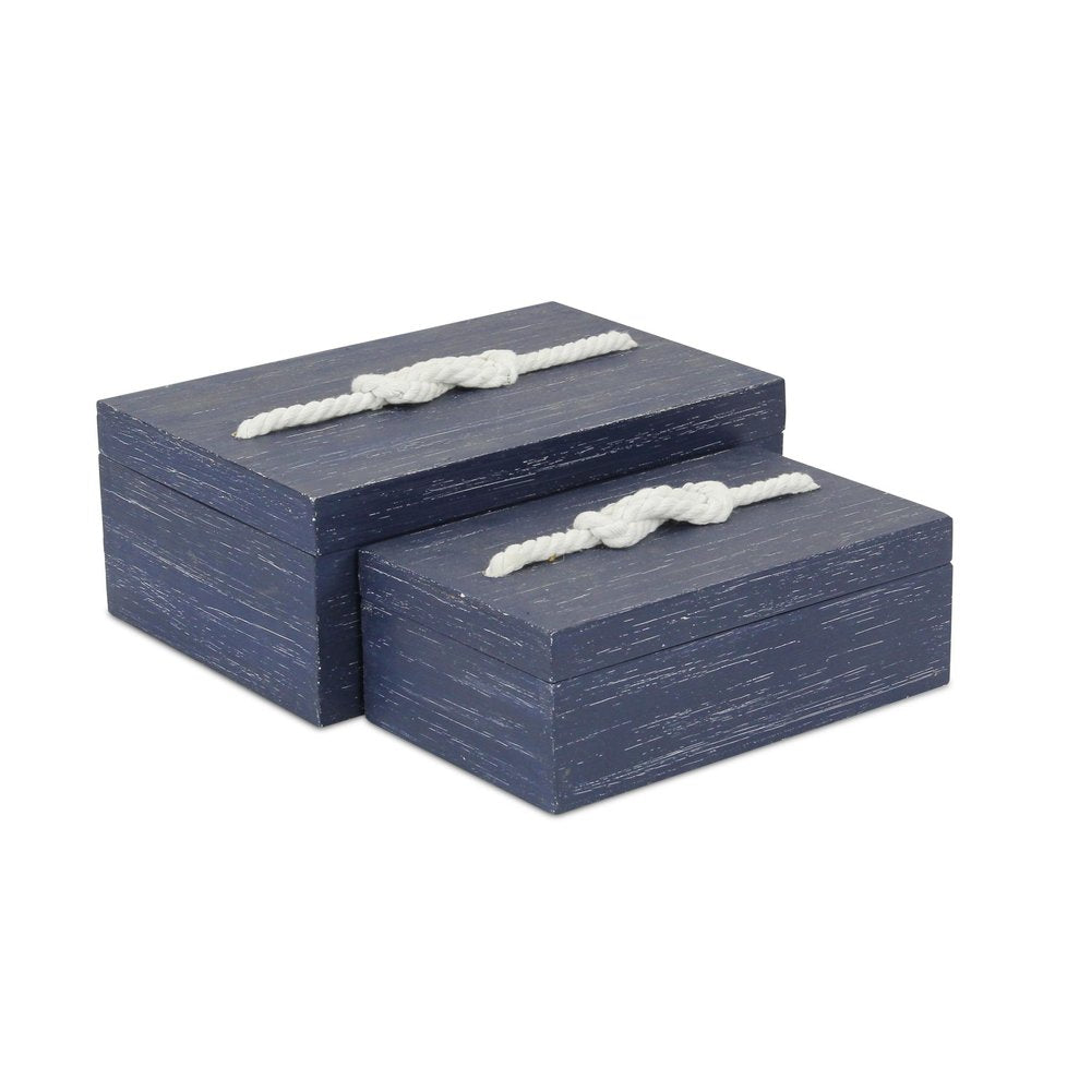 Set of Two Blue Nesting Solid Wood Organizing Box With Lid