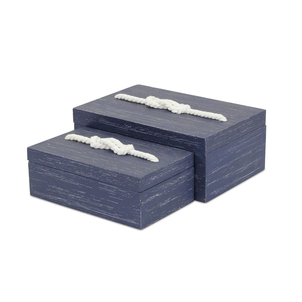 Set of Two Blue Nesting Solid Wood Organizing Box With Lid