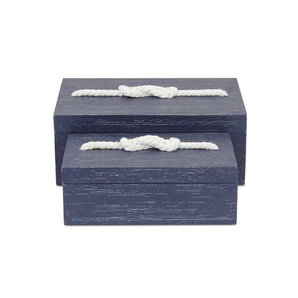 Set of Two Blue Nesting Solid Wood Organizing Box With Lid