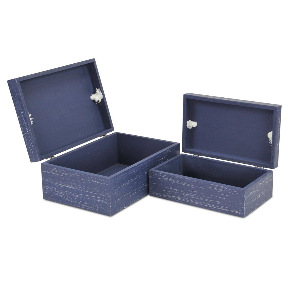 Set of Two Blue Nesting Solid Wood Organizing Box With Lid