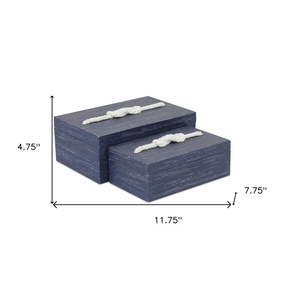 Set of Two Blue Nesting Solid Wood Organizing Box With Lid