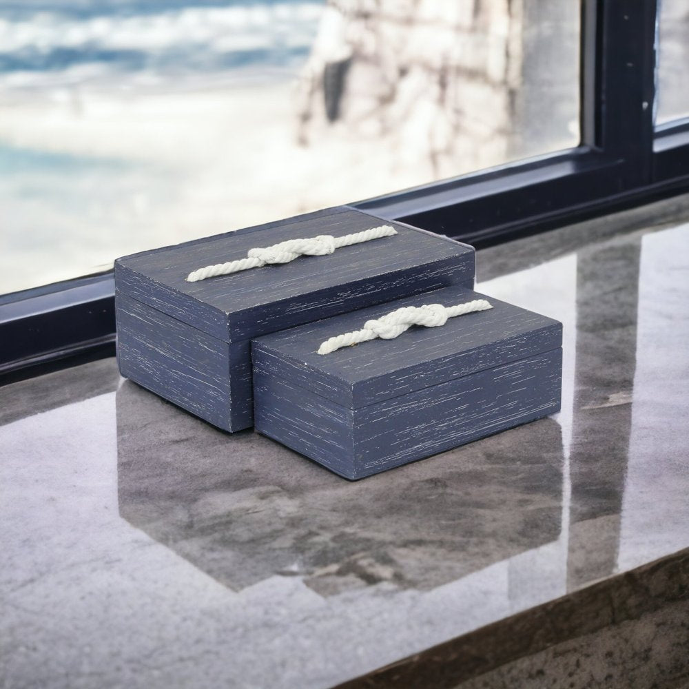Set of Two Blue Nesting Solid Wood Organizing Box With Lid