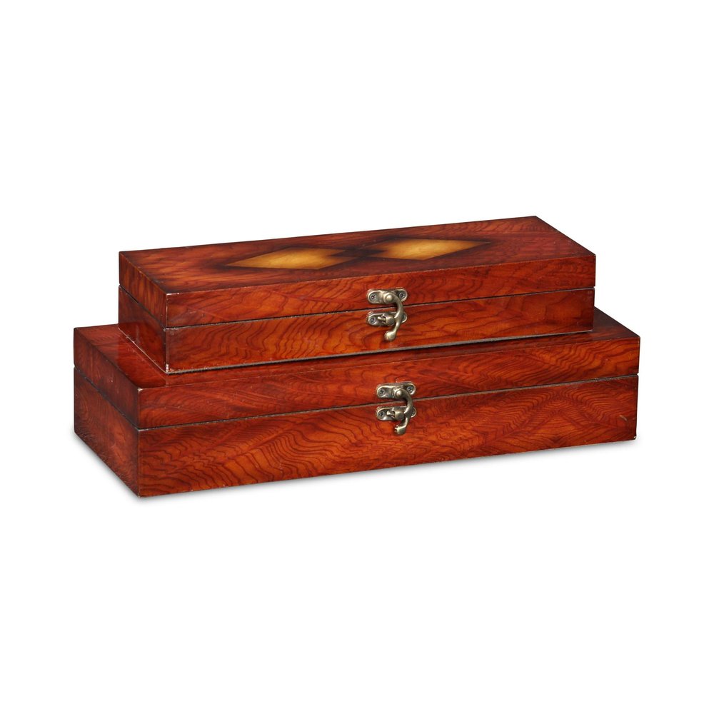Set of Two Brown Nesting Wood Organizing Box With Lid - with Large Box Measuring 2